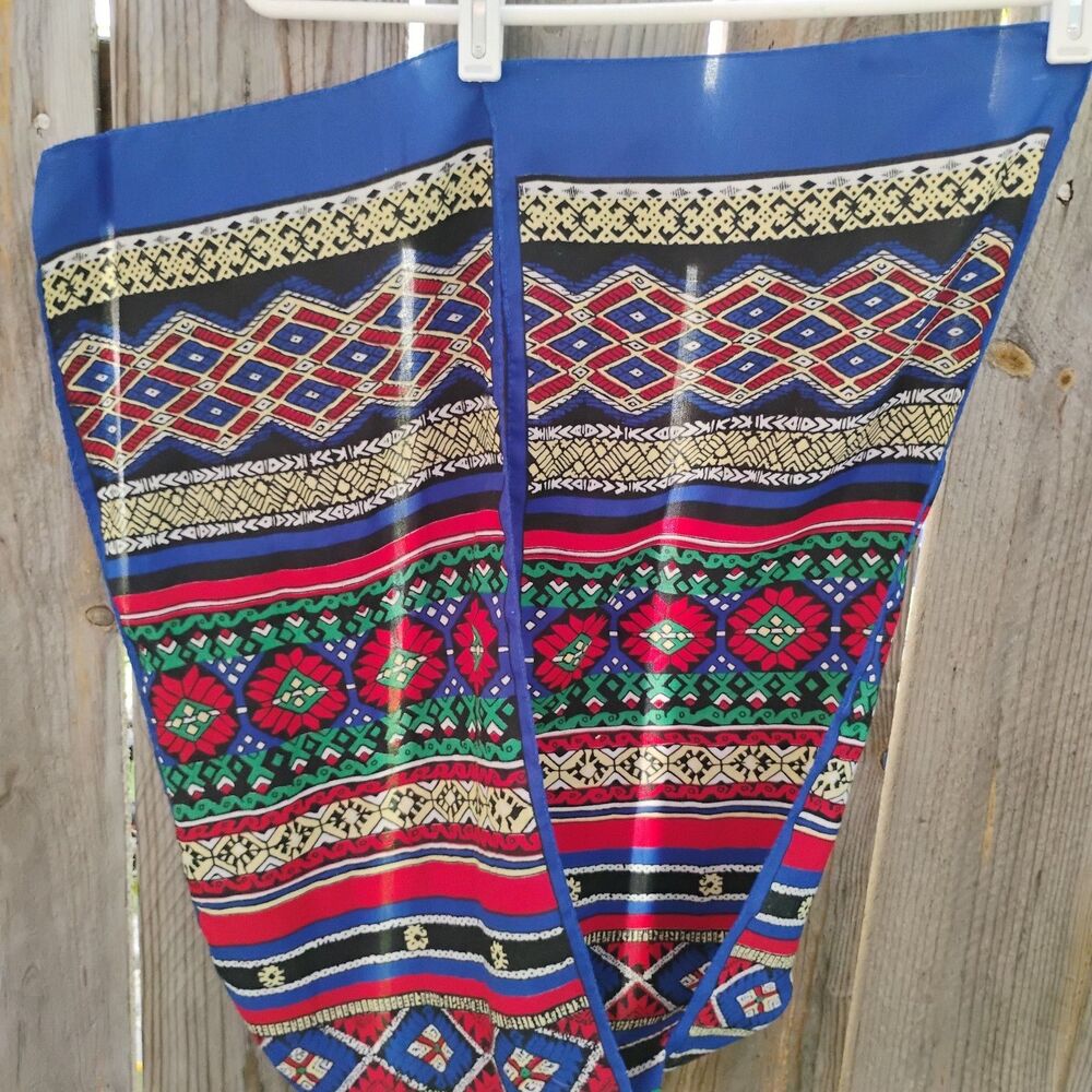 Vintage Southwestern Tribal Geometric Oblong Scarf Royal Blue Red Yellow 54x10